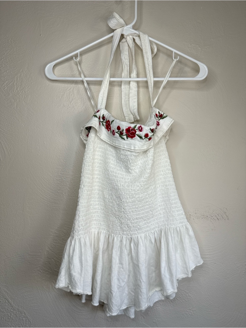 Free People White Embroidered Smocked Halter Tank Top S